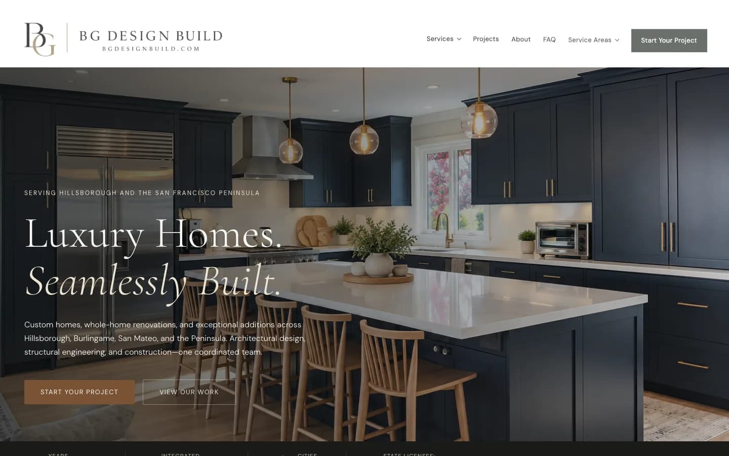 BG Design Build website homepage with a full-width luxury kitchen project photograph