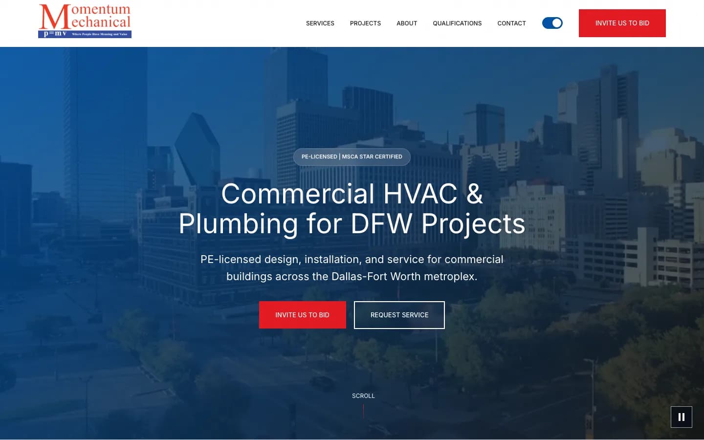 Momentum Mechanical website homepage featuring the Dallas skyline