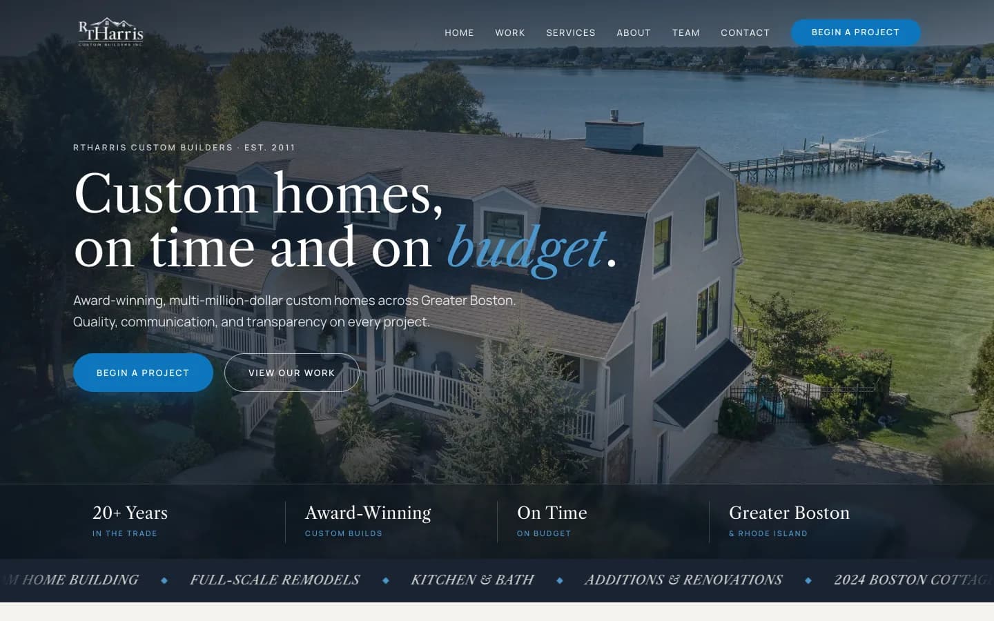 RTHarris Custom Builders website homepage featuring a coastal custom home
