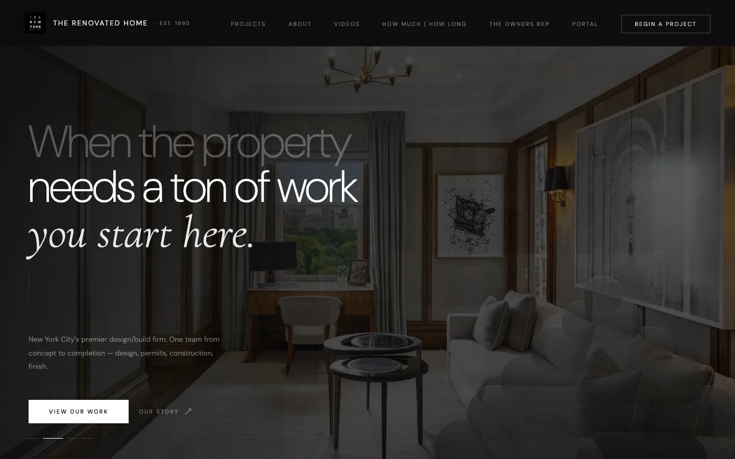 TRH New York website homepage with an elegant interior project hero