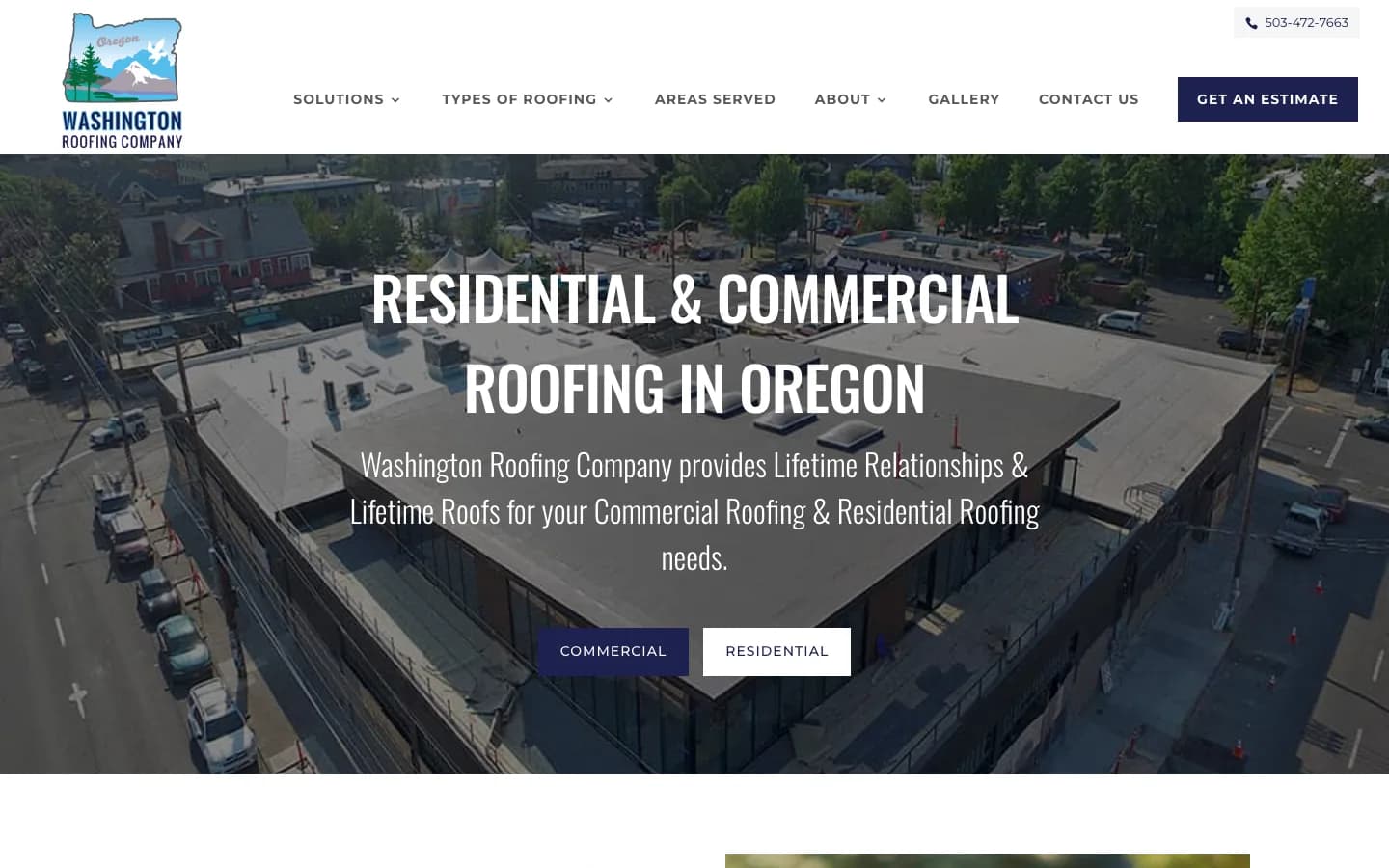 Washington Roofing Company website homepage with a commercial roofing project