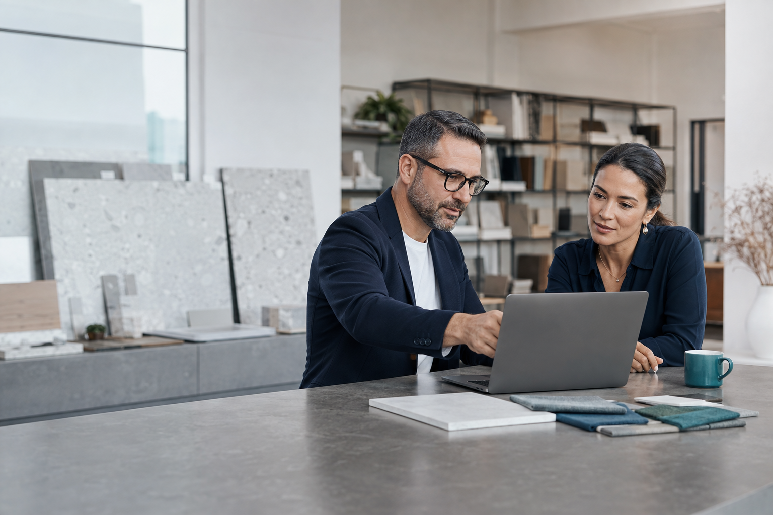 A business owner and technology consultant reviewing a digital project